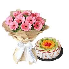 Eggless Fresh fruit cake & Pink Gerbera Bouquet