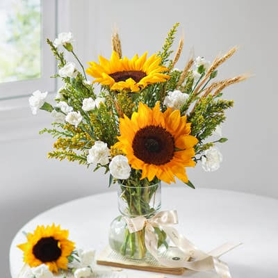 Elegant Vase arrangement with Sunflowers and White Carnations