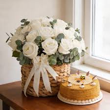 Elegant White Roses in a Basket with Eggless Honey cake