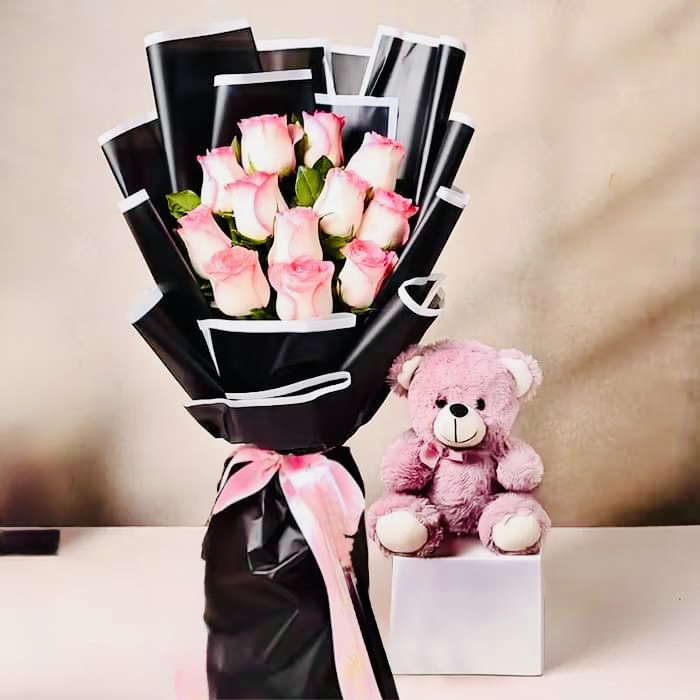 Elite Pink Floral Bouquet with Cuddly Teddy Bear