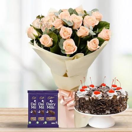 Endearing Peach Colored Floral Bouquet with Chocolates & Cake combo
