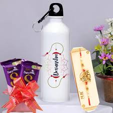 Exclusive Fancy Rakhi with Personalized Water Bottle and Chocolate.