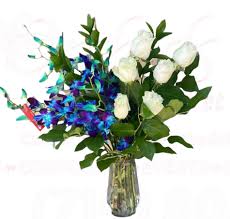 Exotic Blue Orchids and White Roses in Vase