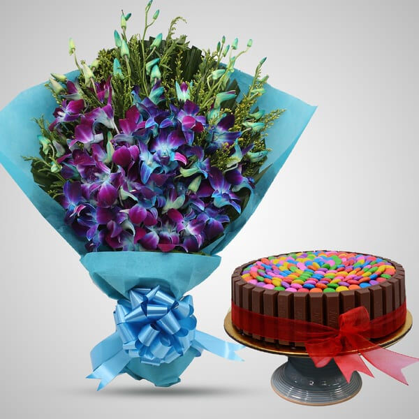 Exotic Kit Kat Cake with Charming Blue Orchid Bouquet