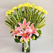 Exotic Pink Lilies & Yellow Carnations in Vase