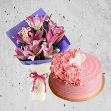 Exotic Pink Lily Bouquet paired with Strawberry Cake