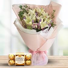 Exotic White Lilies Bouquet with Premium Ferrero Rocher box