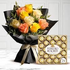 Exquisite Bouquet of Multicoloured Roses with Ferrero Rocher