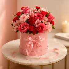 Exquisite Pink Roses, Red Carnations and Pink Carnations fused in a Box
