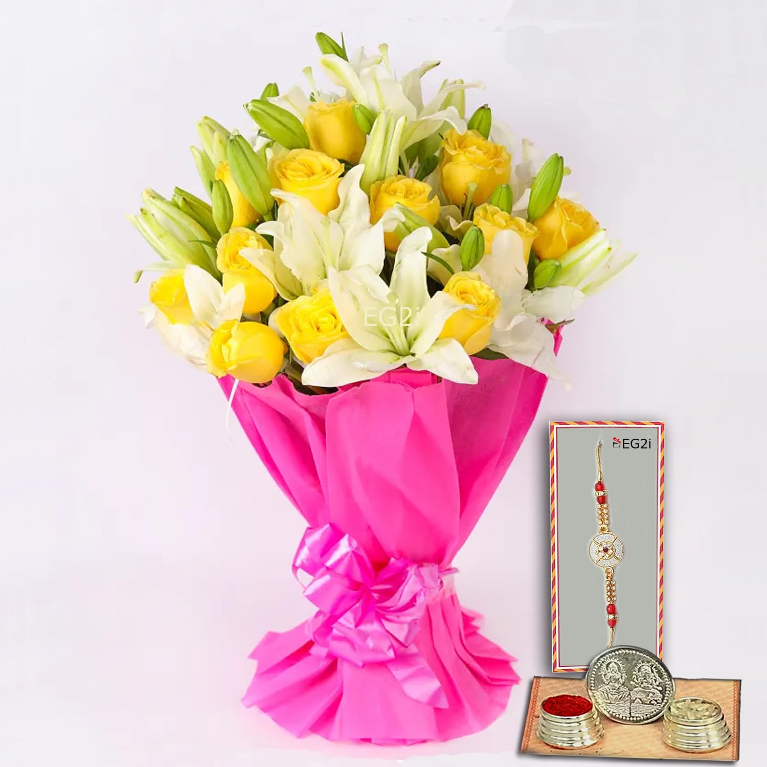 Fancy Rakhi with Yellow Roses & White lilies Bouquet