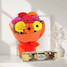 Ferrero Rocher chocolate combined with a multicolored Gerbera bouquet