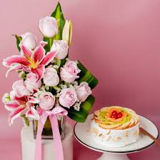 Fresh Fruit cake with Charming Pink Flower arrangement