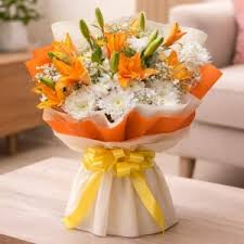 Fresh Orange Lily & White Chrysanthemum Bouquet – Premium Hand-Tied Flowers”