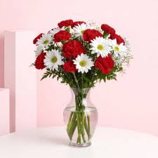 Fresh White Gerbera Daisies and Red Carnations Floral Gift Vase