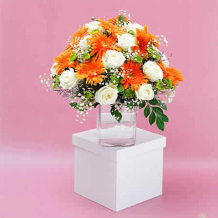 Fresh White Rose and Orange Gerbera Flower Arrangement in Glass Vase
