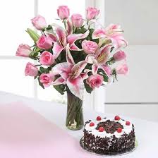 Glorious Pink Floral Arrangement with Black Forest Cake