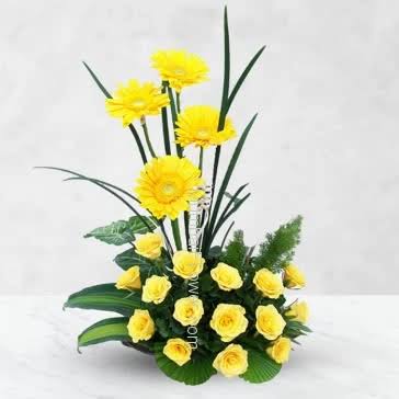 Glowing Yellow Roses with Yellow Gerberas bonded in a Basket