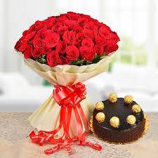 Gorgeous Red Roses Bouquet with Rocher Chocolate Cake