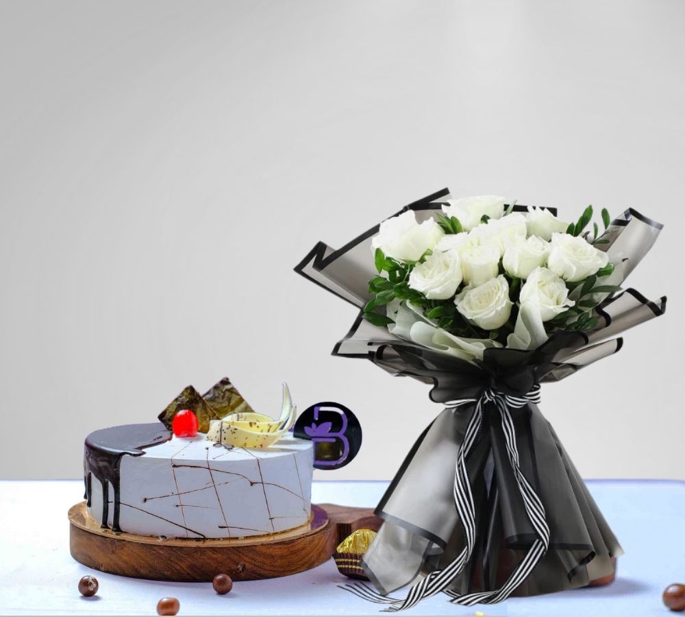 Graceful White Roses Bouquet with Choco Vanilla cake