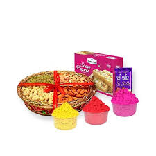 Holi gift basket with dry fruits, herbal gulal, and soan papdi