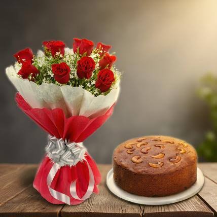 Idealistic Red Roses Bouquet with Plum Streusel Cake: