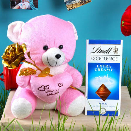 Lindt Premium Chocolate Gift Set with Pink Teddy Bear & Artificial Flower Bouquet