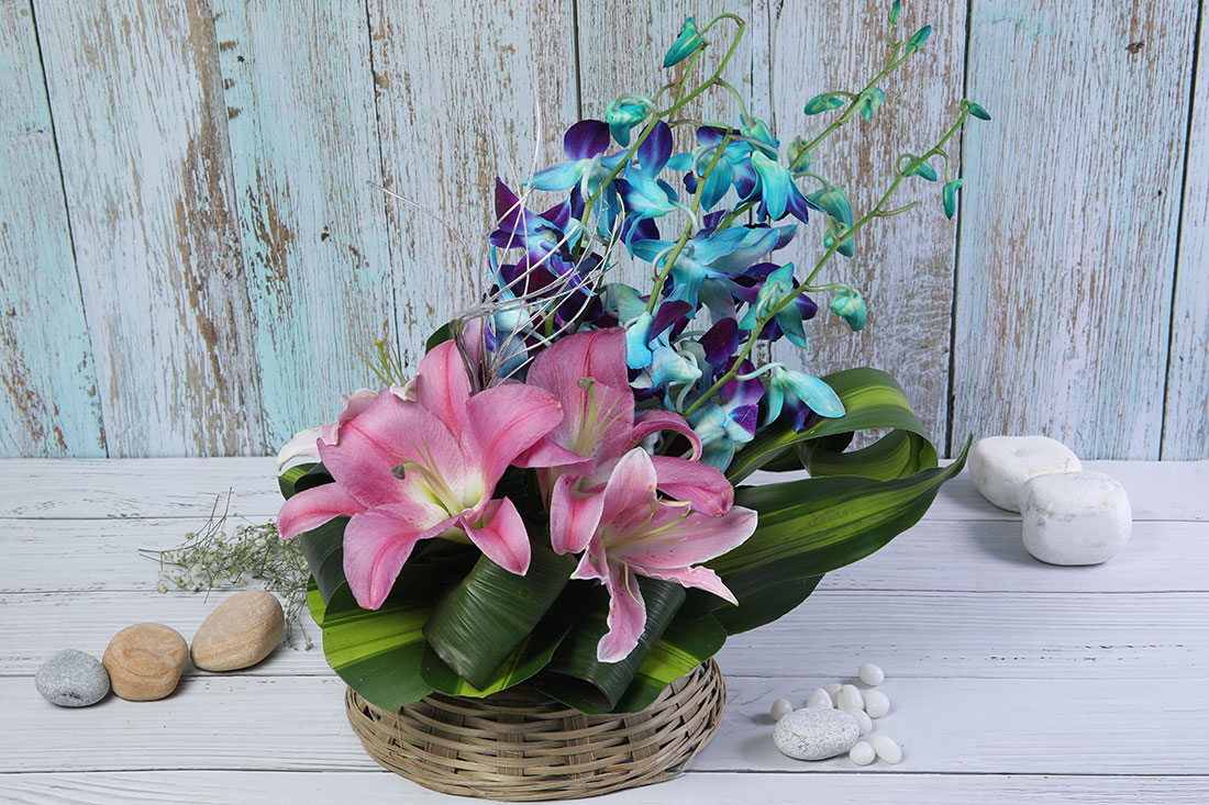 Lovely blue and pink floral arrangement.