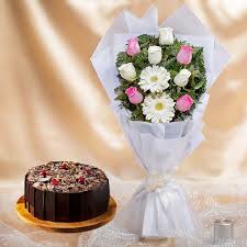 Lovely Multicolored floral bouquet paired with Chocolate Black Forest cake