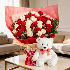 Luminous Red and White Roses Bouquet with Cuddly Toy