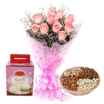 Luscious Rasgulla, Nutritious Dry fruits with Pink Floral Bouquet