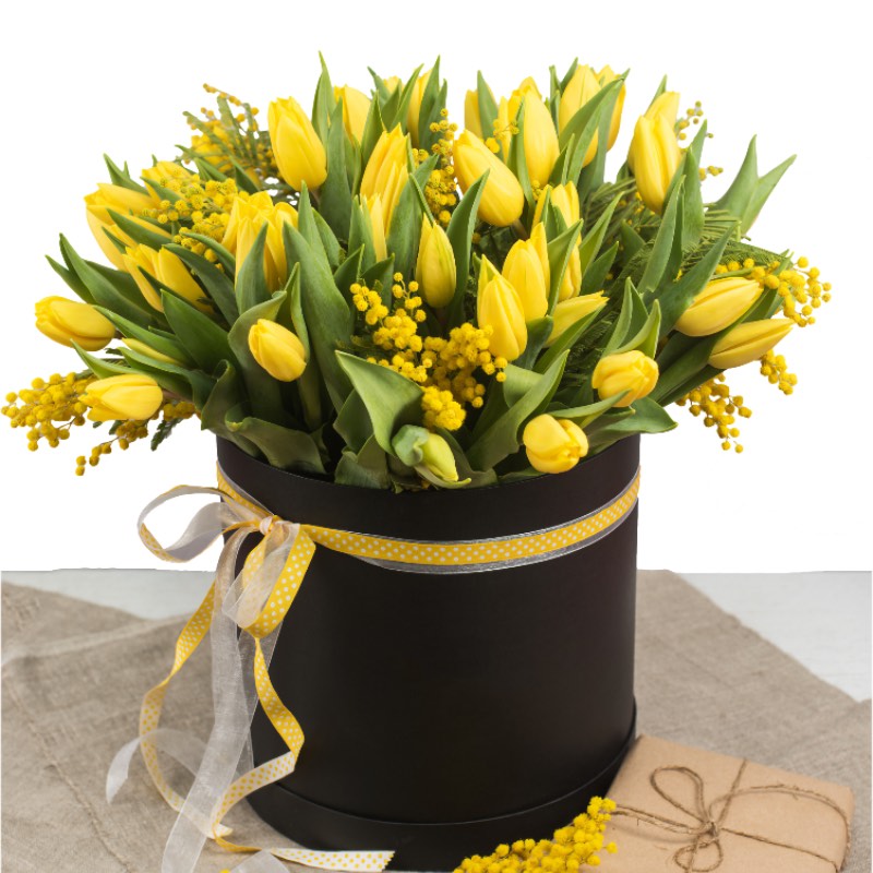 Luxury Yellow Tulips Arranged in a Black Box