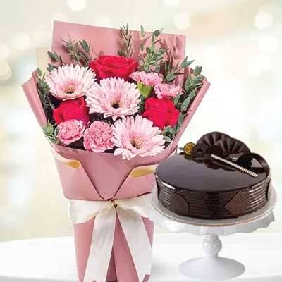 Mixed Bouquet of Roses, Gerberas, and Carnations with Chocolate Truffle Cake
