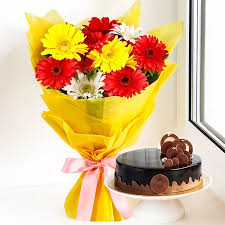 Multicolored Gerbera bouquet and Delicious Chocolate cake