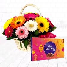 Multicolored Gerbera in Basket, Cadbury Celebration Box