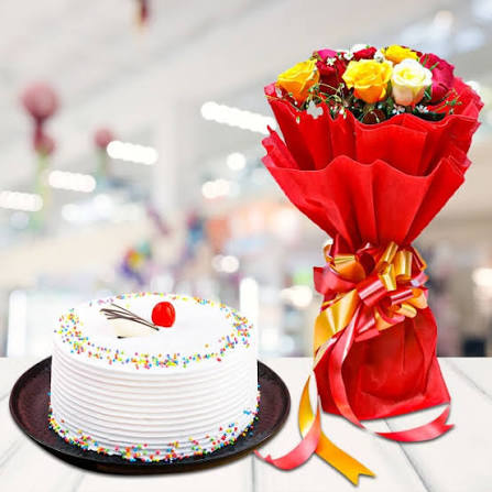 Multicolour Roses Bouquet with Tasty Eggless Vanilla Cake