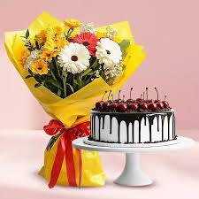 Multicoloured Gerberas Bouquet with Black Forest Cake