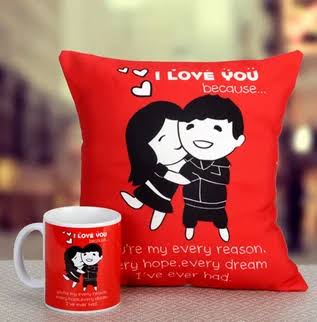 MyFlowersShops Customized Red Cushion Cover and Coffee Mug Combo for Fiancée