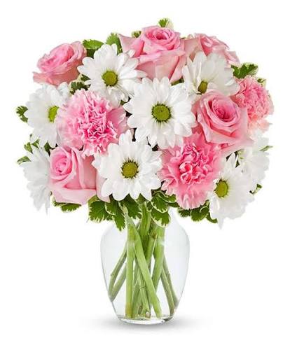 MyFlowersShops Elegant White Gerberas, Pink Carnations & Roses Vase | Free Delivery Yamuna agar