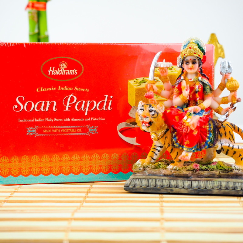 Navratri Blessings Gift Combo: Maa Durga Polyresin Statue (6 inches]) & Haldiram's Soan Papdi (500 grams])
