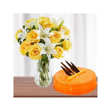 Orange Cream Cake with White and Yellow Flower arrangement