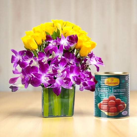 Orchid & Rose Floral Vase with Gulab Jamun Gift Combo