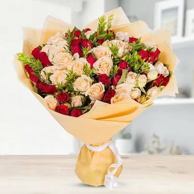 Passionate Sunset Red and Peach Rose Bouquet