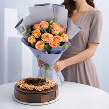 Peach Colored Bouquet with Chocolate Mousse Cake