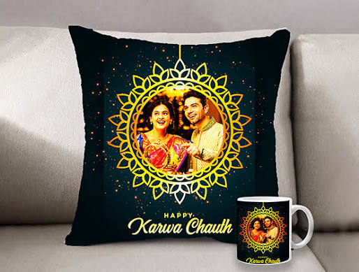 Personalized Karwa Chauth Gift Combo – Black Cushion Cover & White Coffee Mug