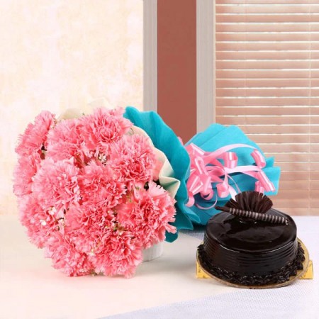 Pink Carnations Bouquet with Chocolate cake