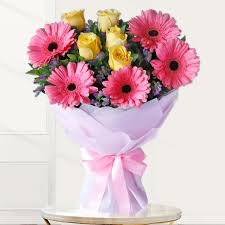 Pink Gerberas paired with Yellow Roses Bouquet