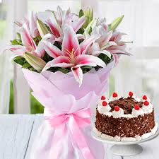 Pink Lilies and Black Forest Cake in an Exotic Combination
