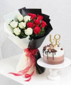 Premium Choco Vanilla cake with Red and White Roses Bouquet