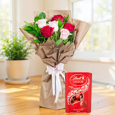 Premium Lindt Chocolate paired with Roses Bouquet