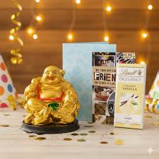 Premium Lindt Chocolate with Good Laughing Buddha statue & Birthday Greeting card